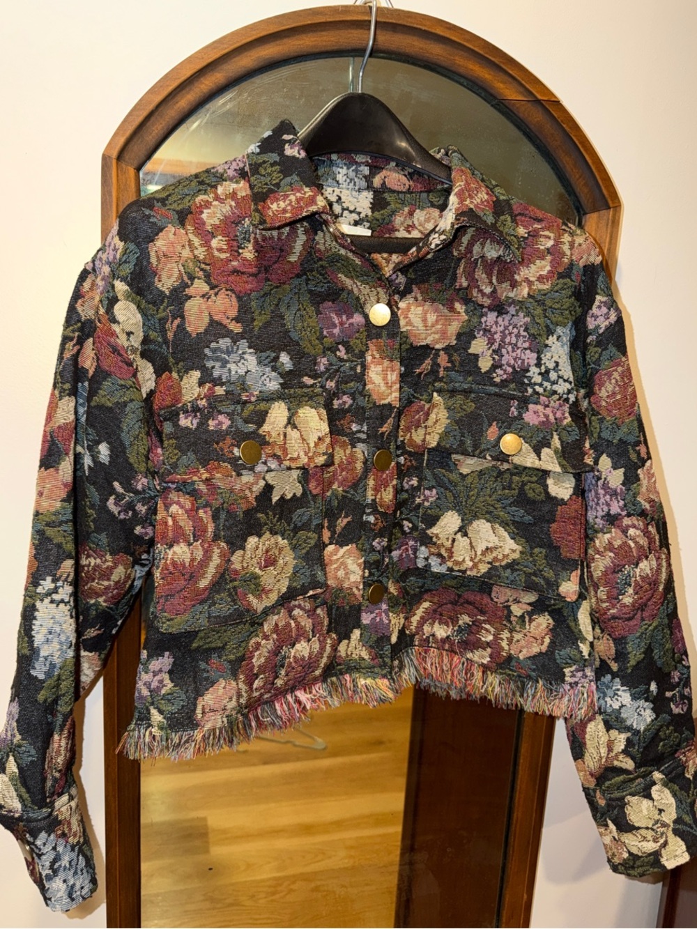 Floral Tapestry Cropped Fringed Jacket S